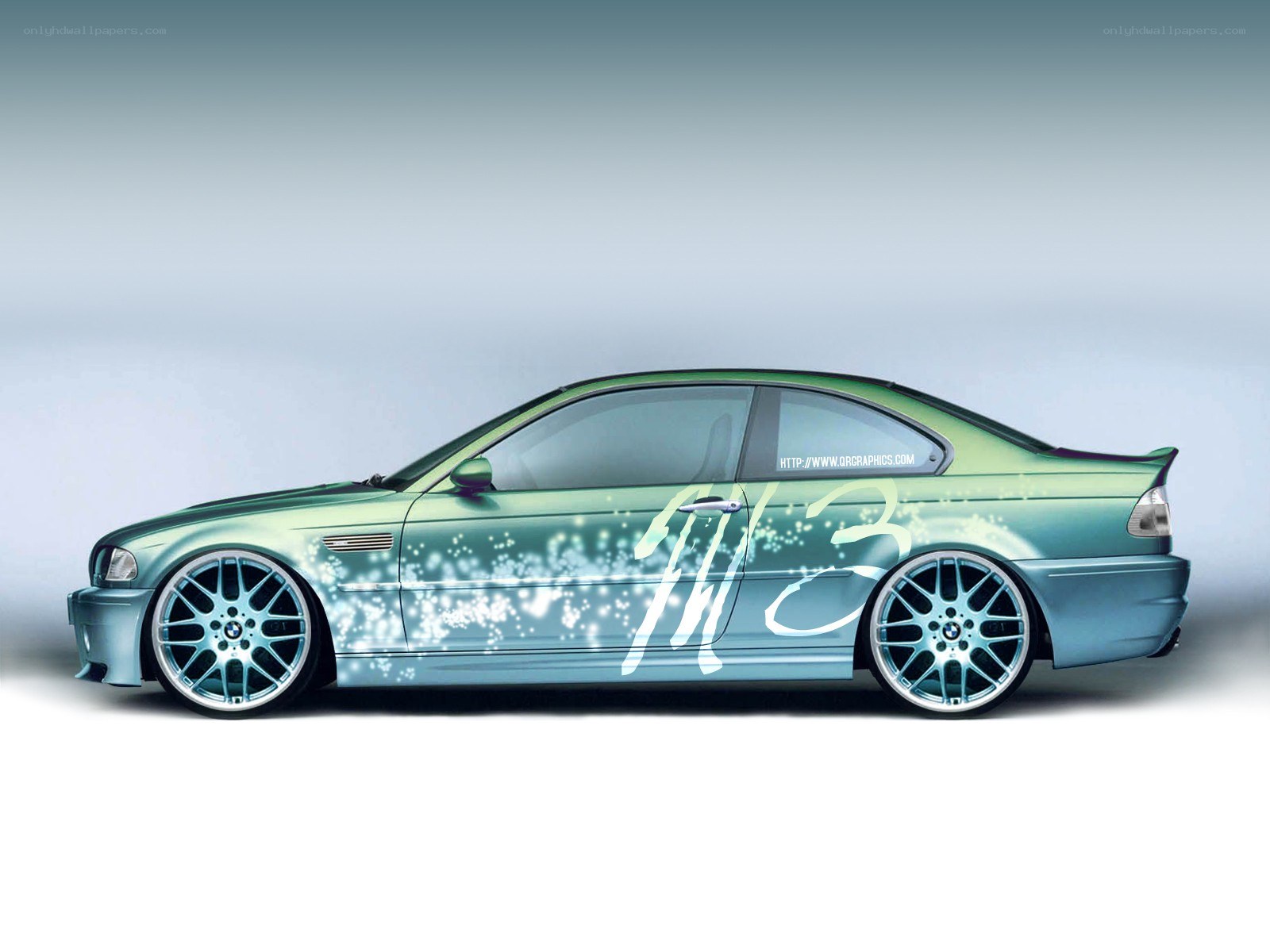 green BMW with custom graphics
