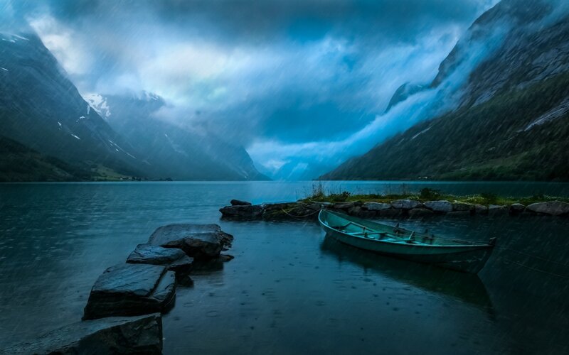 Green Boat in Fjord