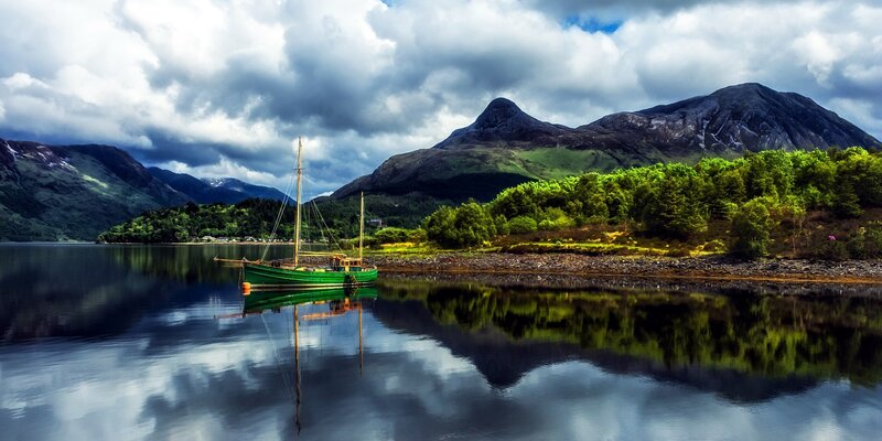 Green Boat on Lake — Dramatic, Afternoon, Photograph