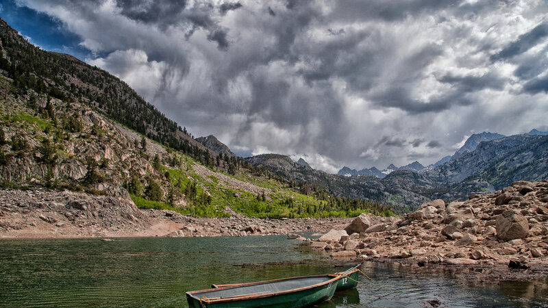 Green Boat on Lake — Dramatic, Afternoon
