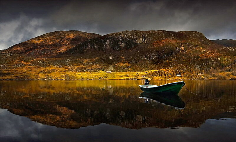 Green Boat on Lake — Dramatic, Autumn