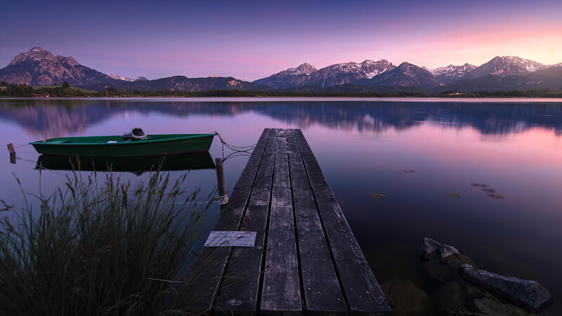Green Boat on Lake — Purple
