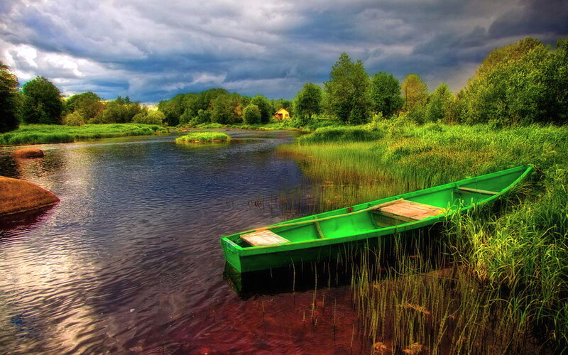 Green Boat on River — Dramatic