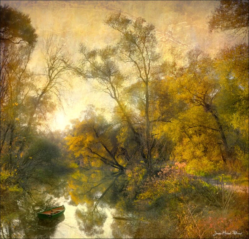 Green Boat on River — Yellow