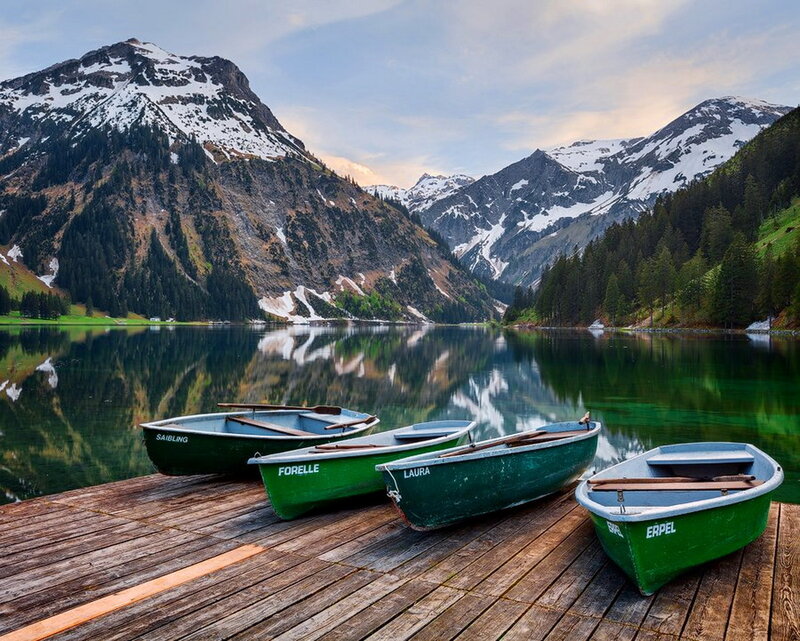 Green Boats on Dock