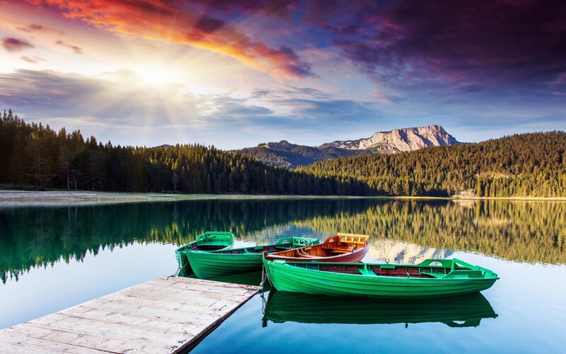 Green Boats on Lake — Serene