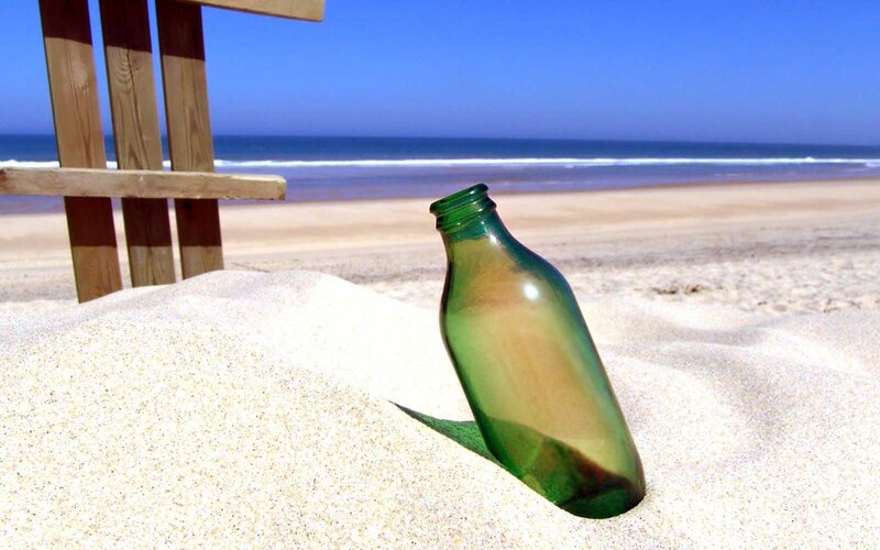 Green Bottle in Sand — Serene, Afternoon