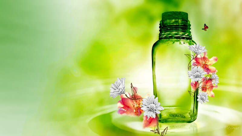 Green Bottle with Flowers