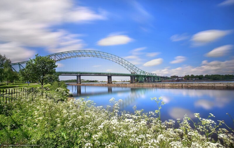 Green bridge over calm river