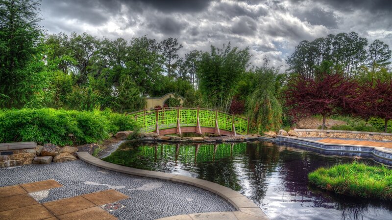 Green Bridge over Pond — Dramatic, Afternoon