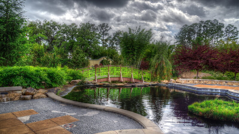 Green Bridge over Pond — Dramatic