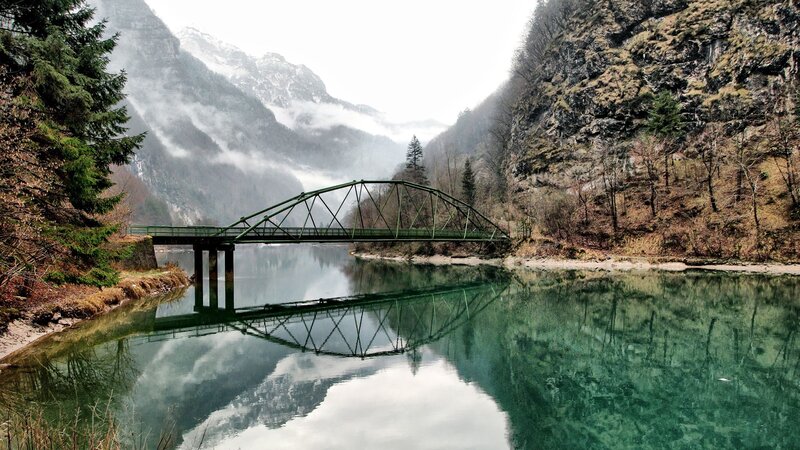 Green Bridge over River — Autumn