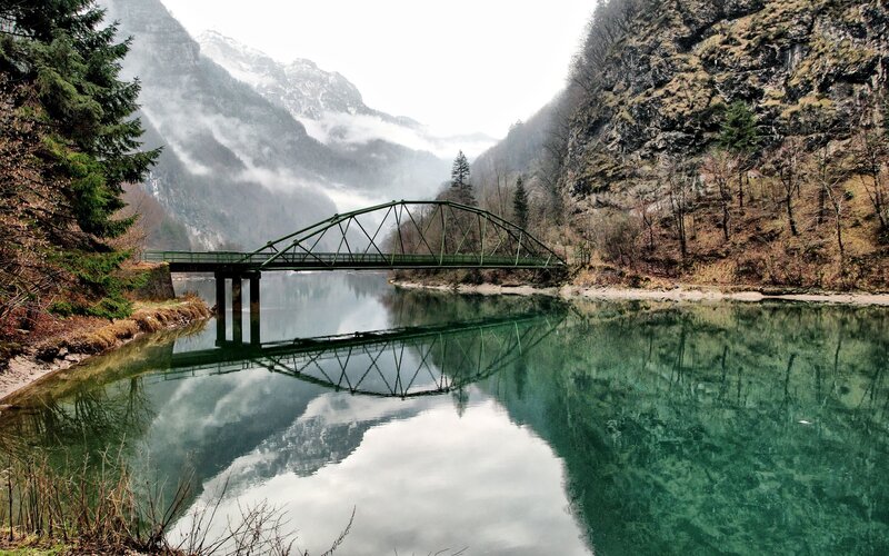 Green Bridge over River — Serene, Autumn, Photograph