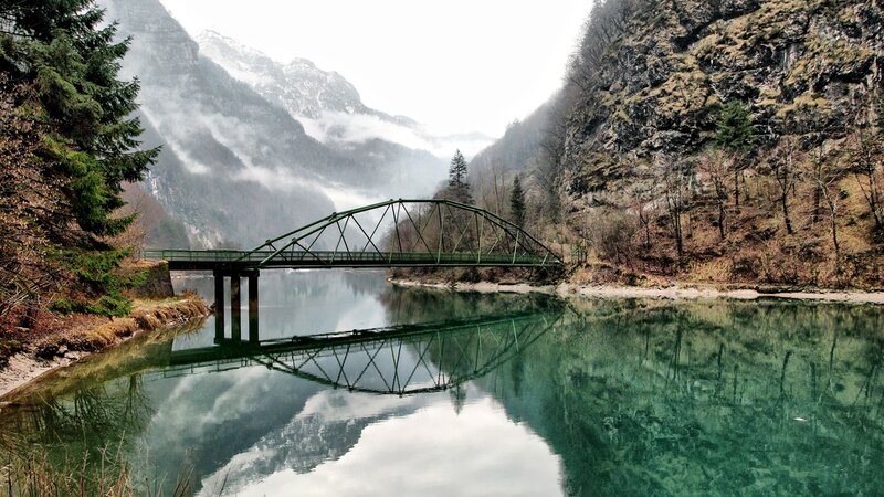 Green Bridge over River — Serene, Morning, Photograph
