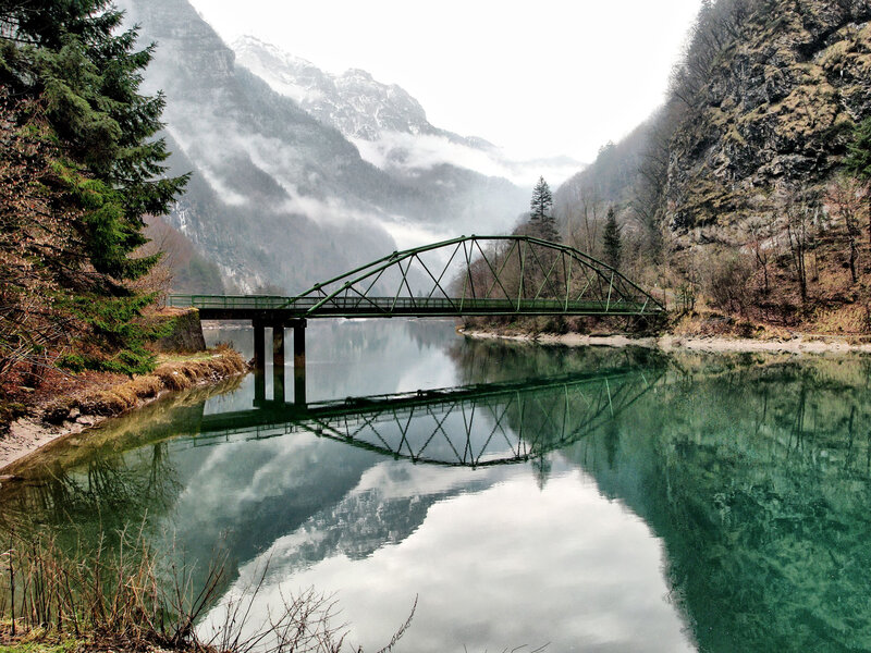 Green Bridge over River — Serene, Winter, Photograph