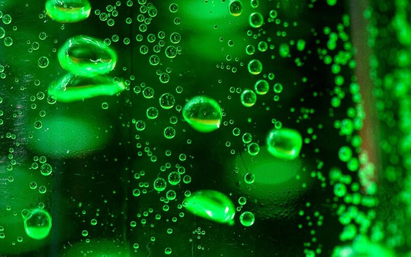Green Bubbles in Liquid — Calm, Photograph, Light