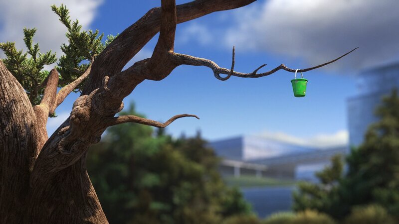 Green Bucket on Tree Branch