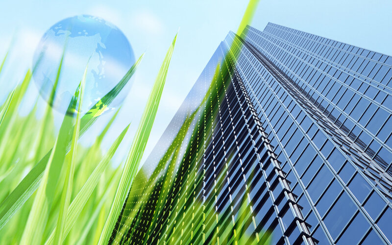 green building and globe