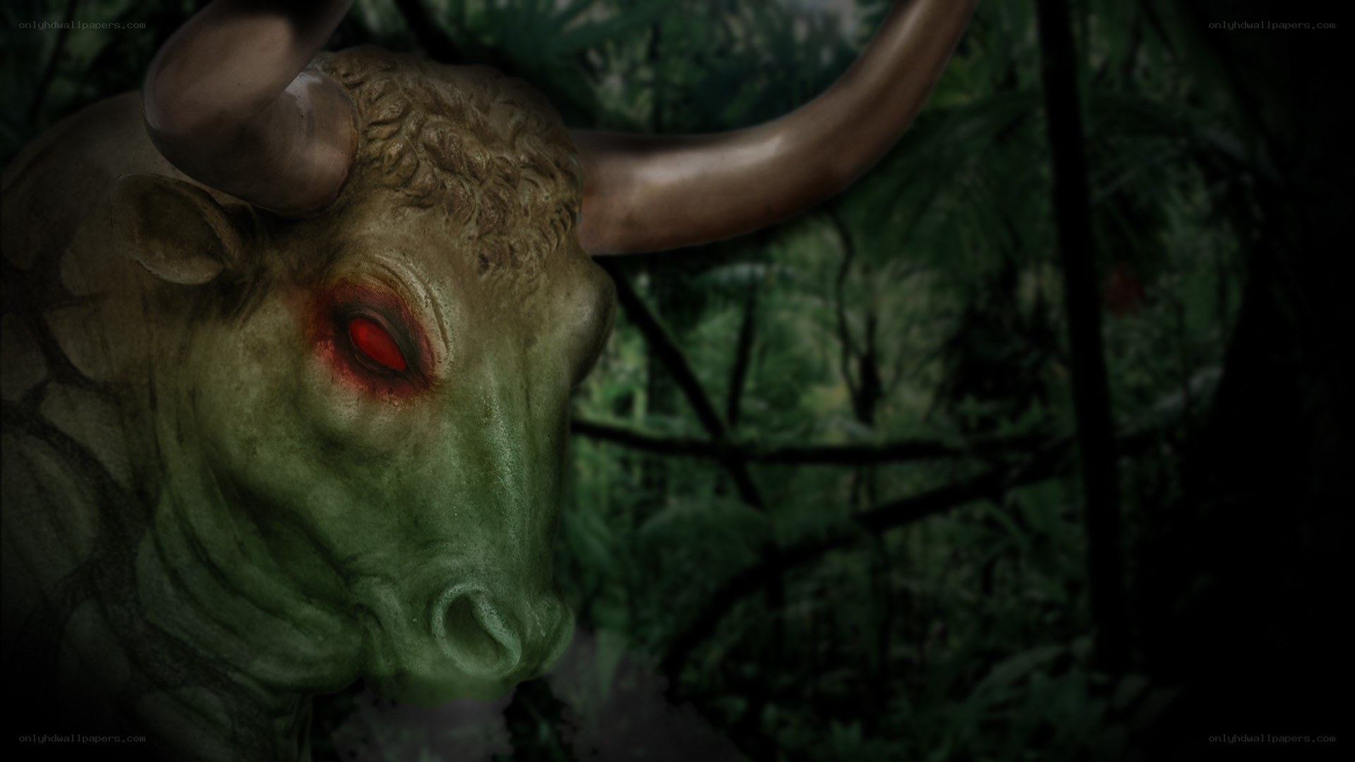 green bull with red eyes