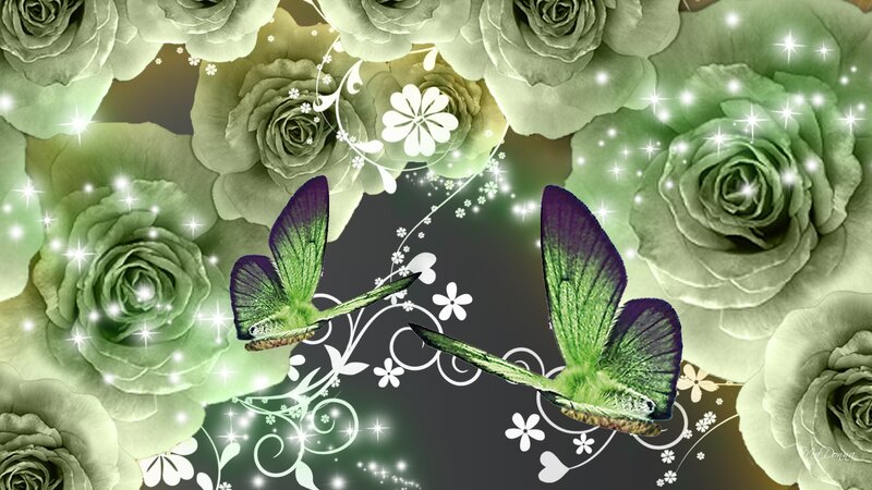 Green Butterflies Among Roses