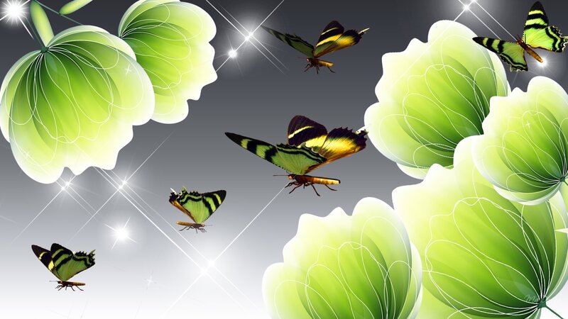 Green Butterflies and Flowers