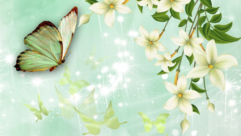Green Butterfly and Flowers — Light Green