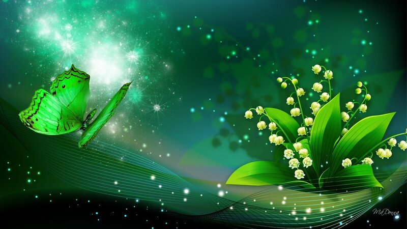 Green Butterfly and Flowers — Magical