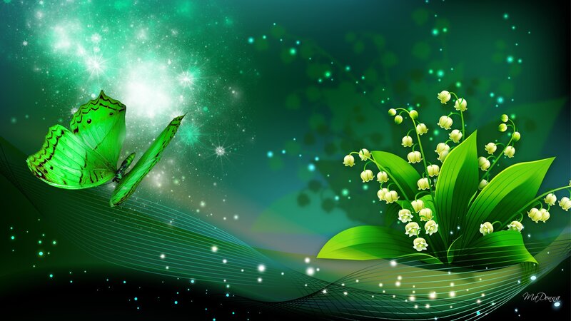 Green Butterfly and Flowers