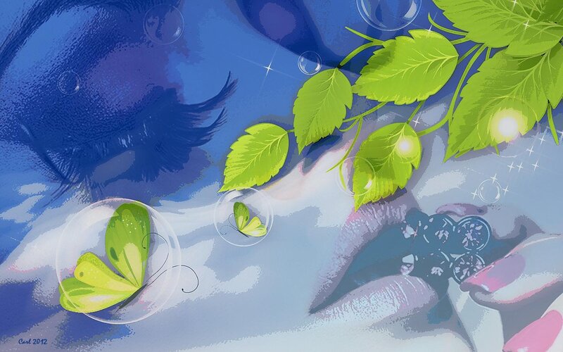 Green Butterfly in Bubble — Blue