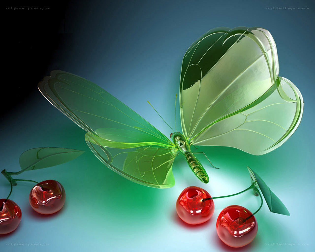green butterfly with cherries