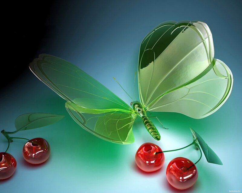Green Butterfly with Cherries — Serene, Digital Art