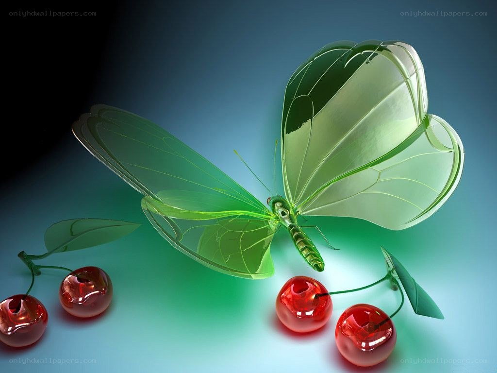 Green butterfly with cherries