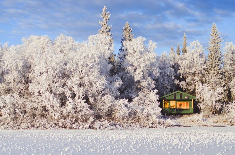Green Cabin in Snow