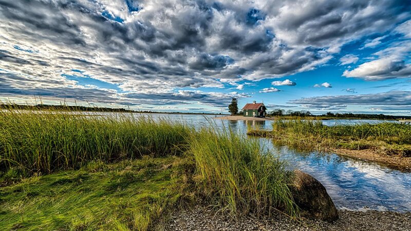 Green Cabin on Island — Blue