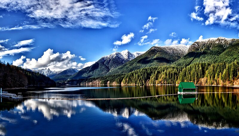 Green Cabin on Lake — Blue