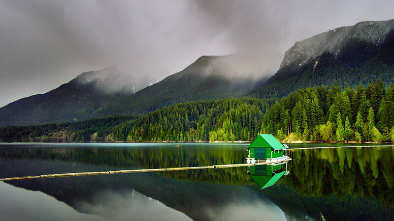 Green Cabin on Lake — Serene, Photograph