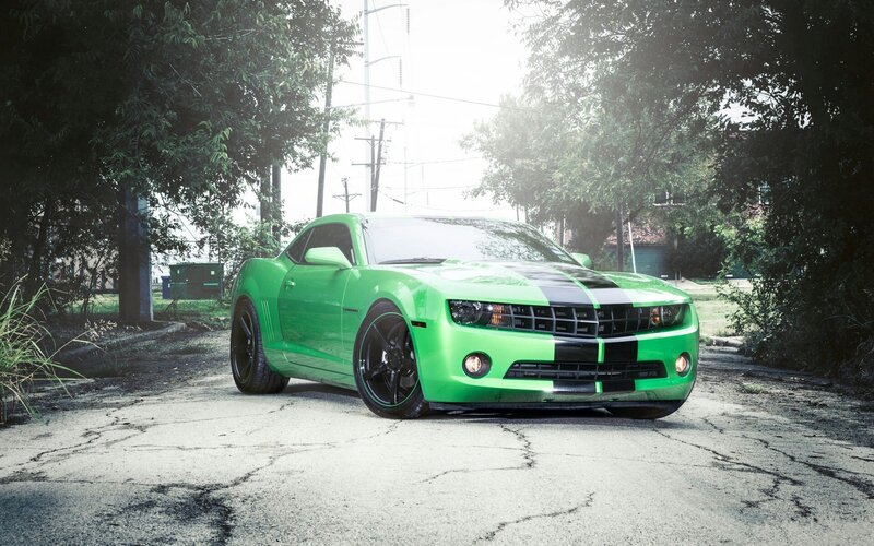 Green Camaro Car — Dramatic, Afternoon, Photograph, Trees, Road
