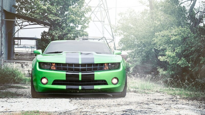 Green Camaro Car — Dramatic, Photograph, Trees, Building