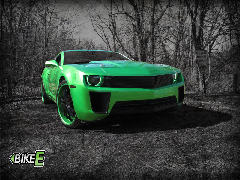Green Camaro Car — Dramatic, Photograph, Trees