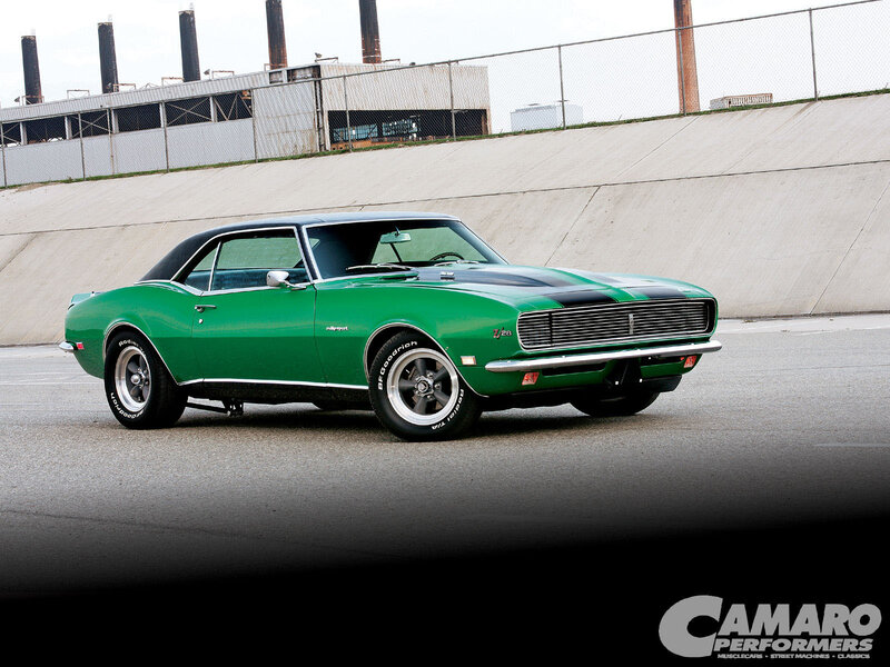 Green Camaro on track