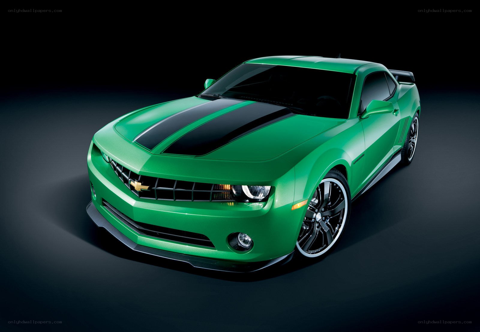Green Camaro with black stripes
