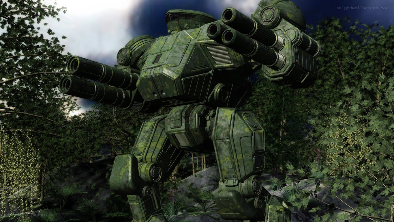 green camo mech in forest