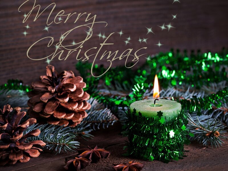 Green Candle with Pinecones — Festive, Winter, Photograph