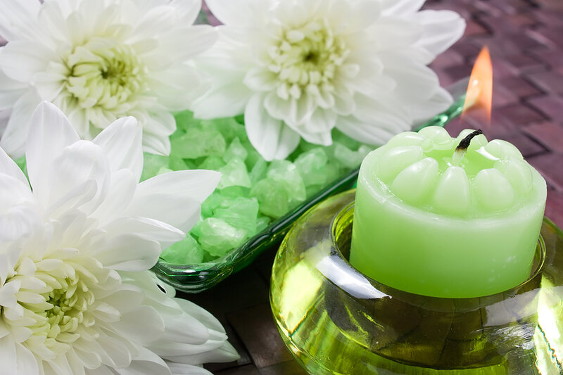 Green Candle with White Flowers