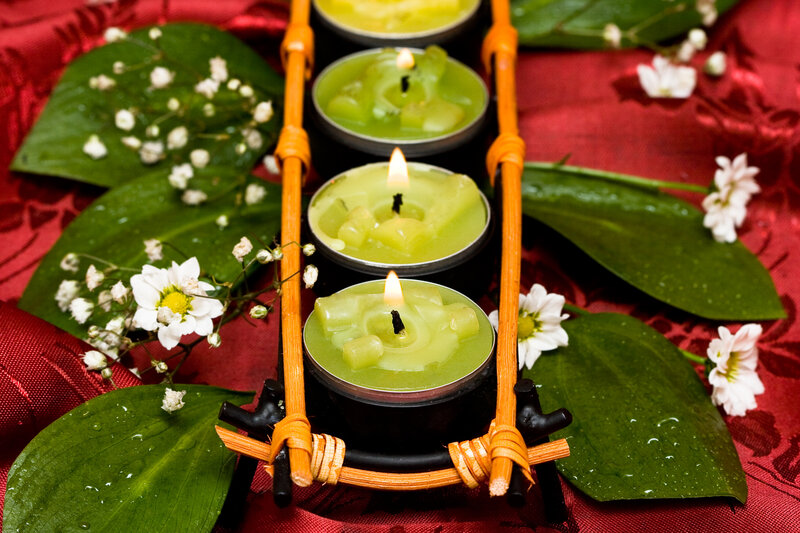Green Candles in Bamboo Holder