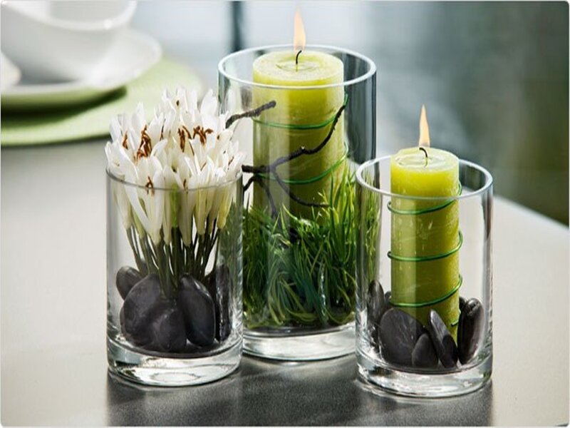 Green Candles in Glass Vases