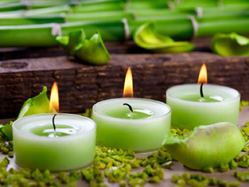 Green Candles on Wood — Calm