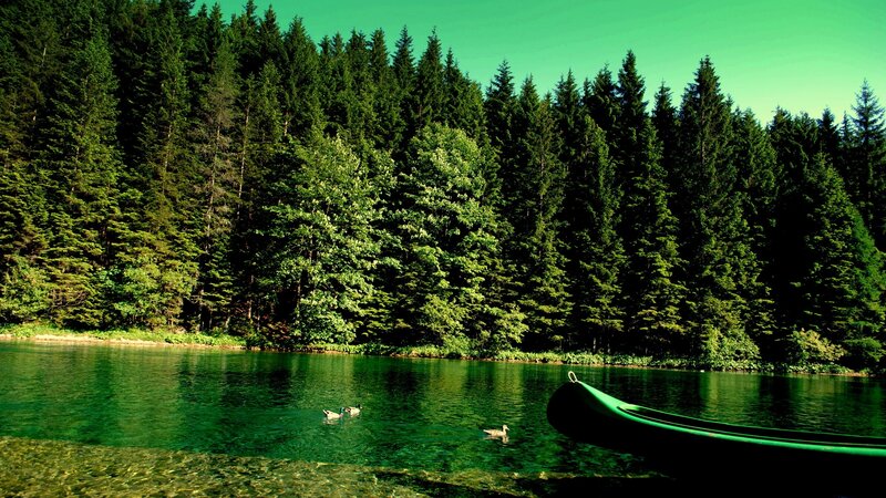 Green Canoe on Lake — Serene