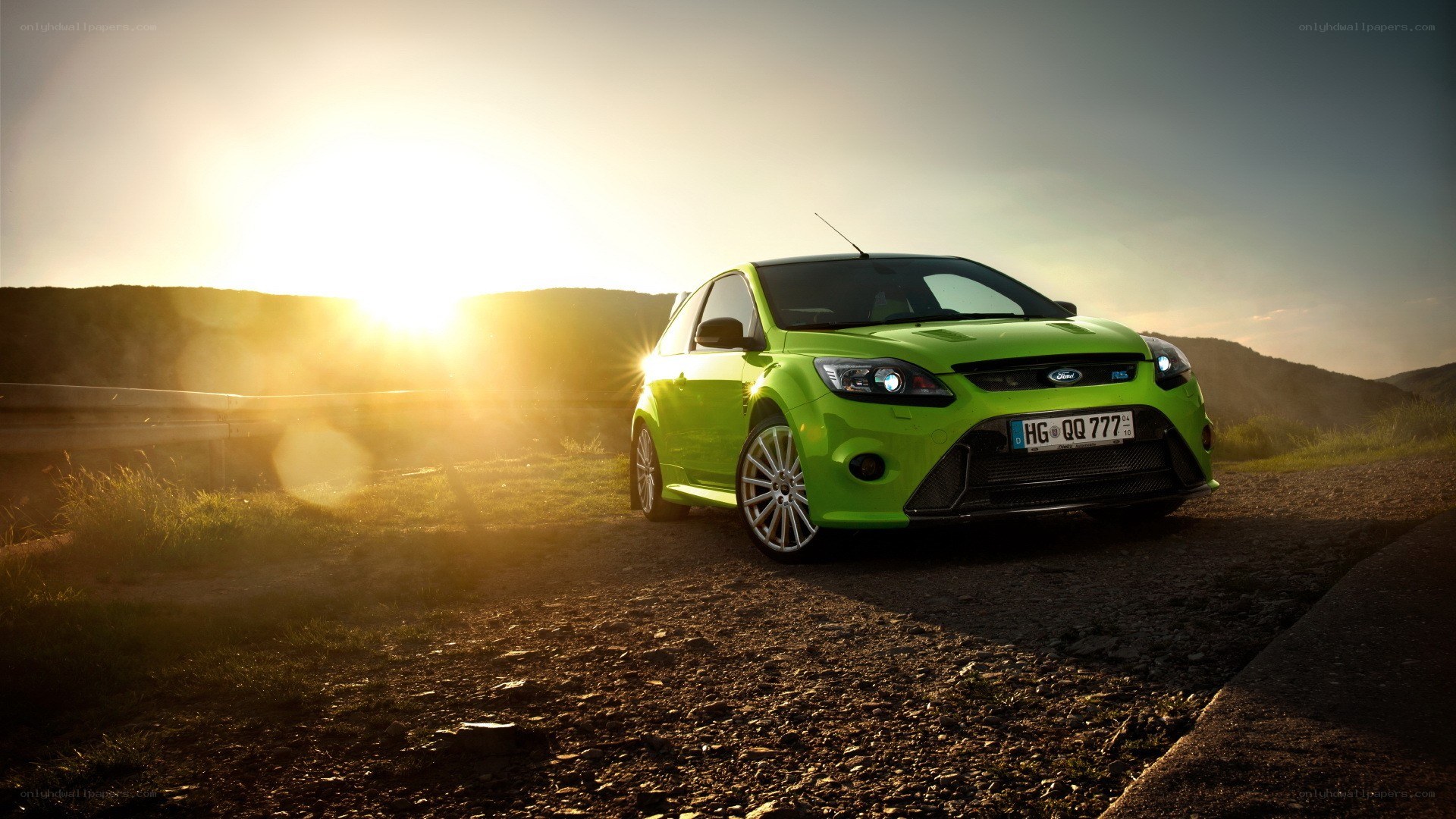 green car at sunset
