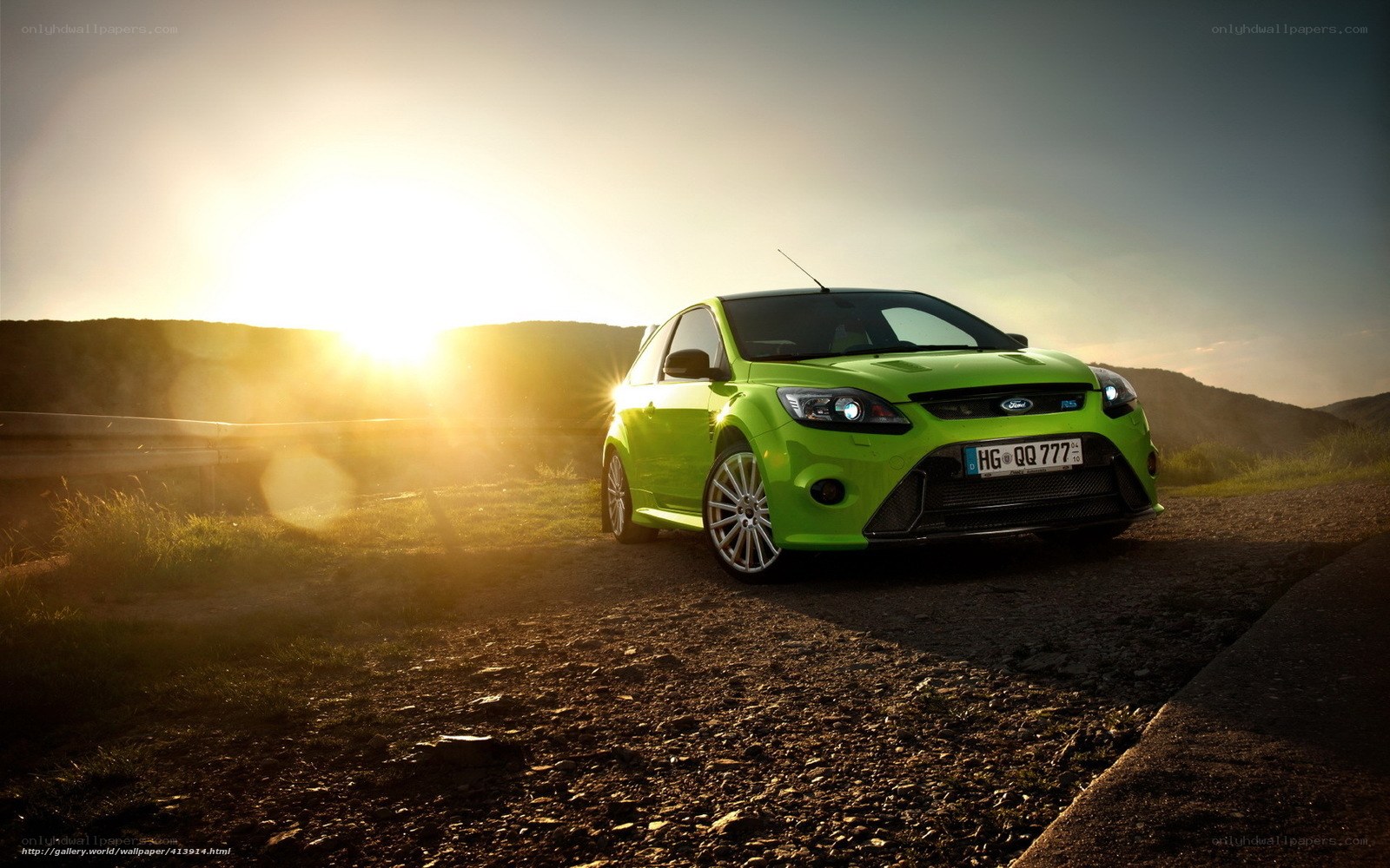 green car at sunset
